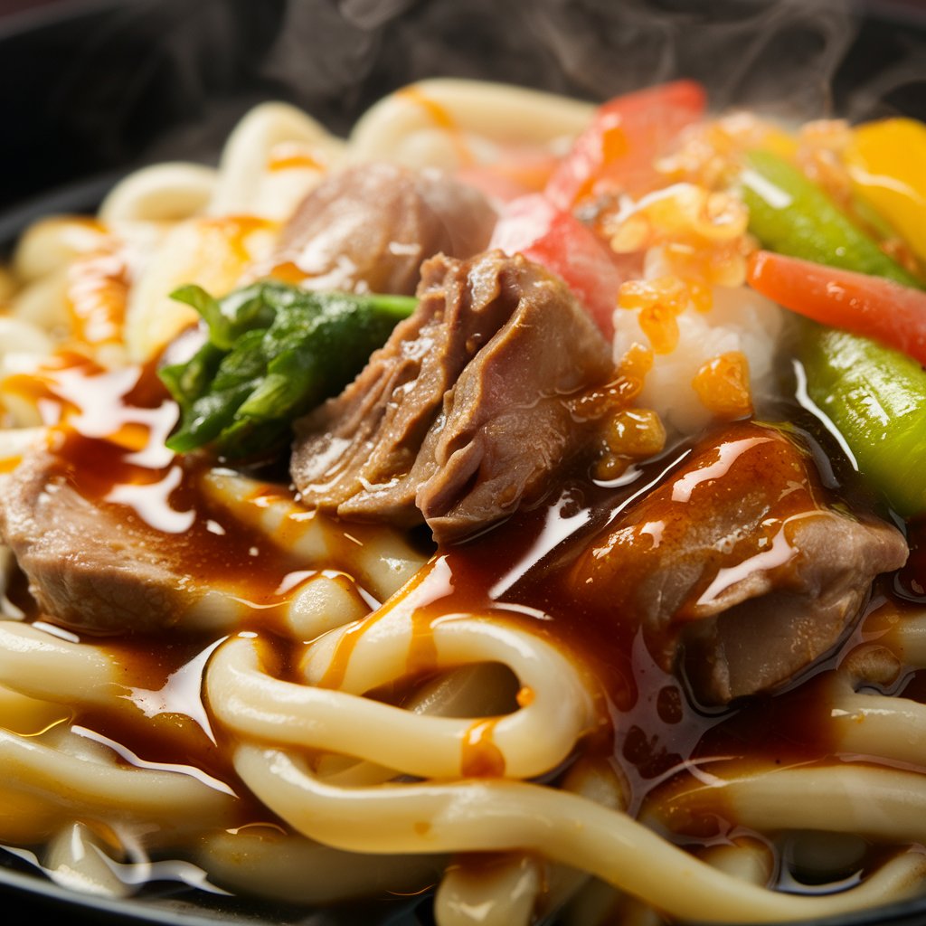 a bowl of noodles with meat and vegetables