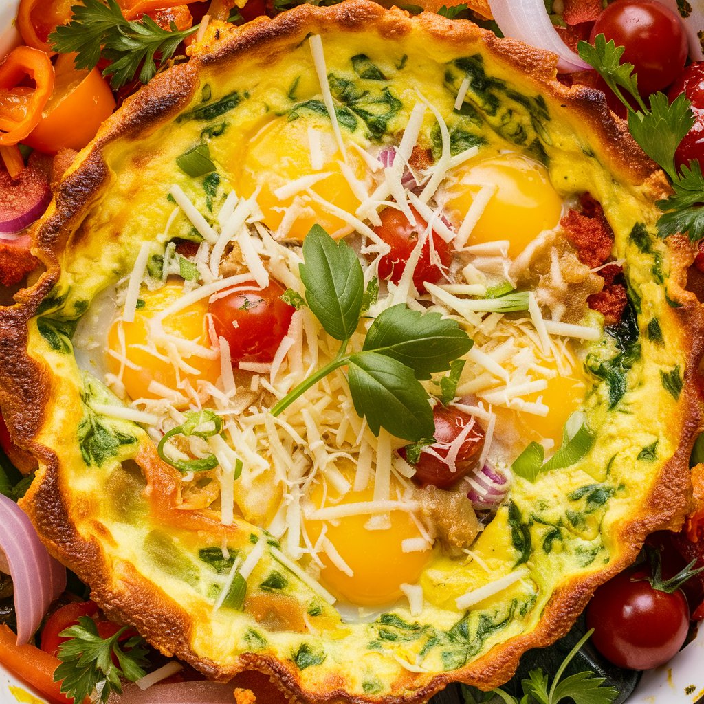 a plate of food with eggs and vegetables