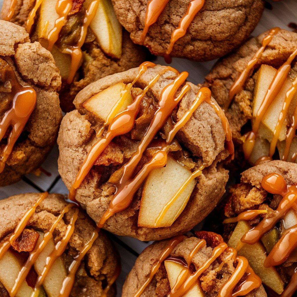 a group of cookies with caramel drizzled on top