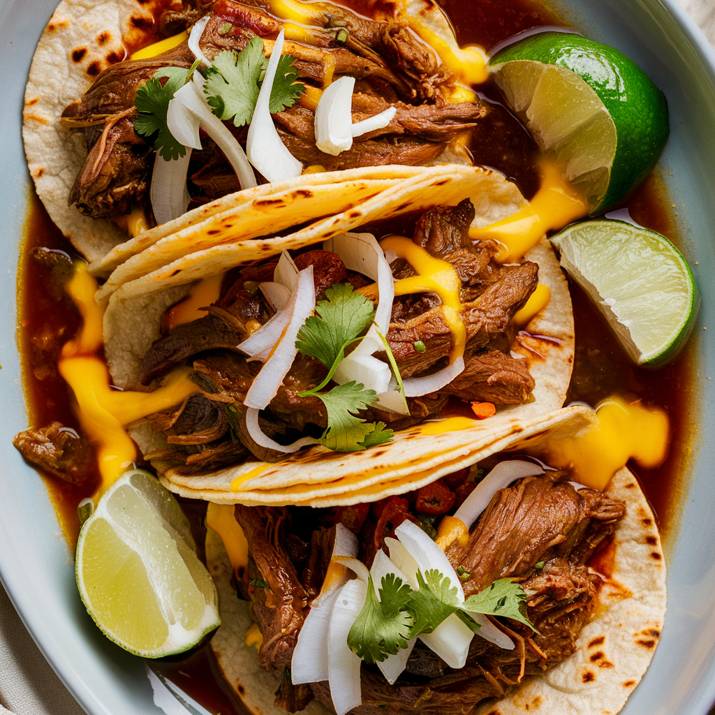 a plate of tacos with meat and vegetables