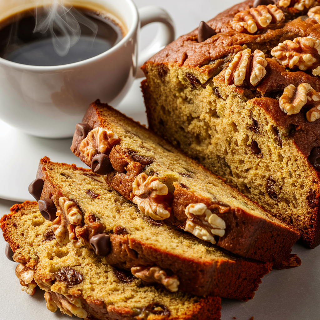 a loaf of bread with nuts and a cup of coffee