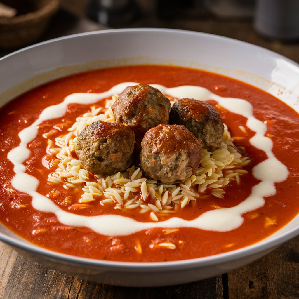 a bowl of tomato soup with meatballs and orzo