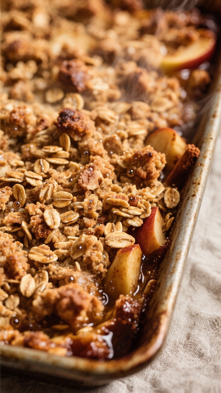 Close-up detail: A freshly baked apple crisp just out of the oven, tight macro on the deep golden, c