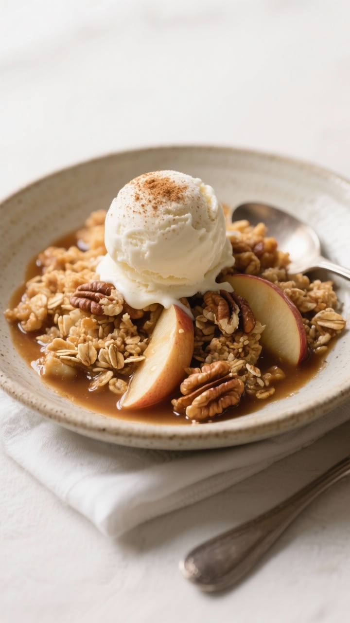 Final dish presentation: Restaurant-quality plated serving of warm apple crisp in a shallow stonewar