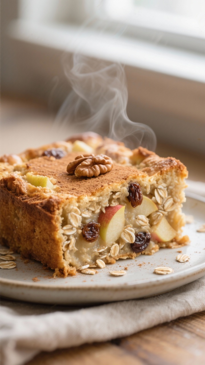 Close-up detail shot: A freshly baked square of Oatmeal Apple Breakfast Bake just cut from the pan, 