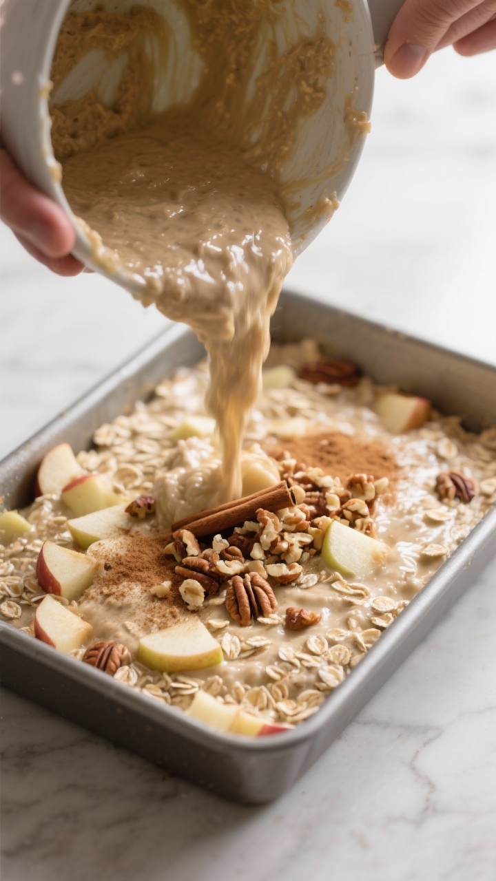 Cooking process action: The mixed batter being poured into a greased square baking dish, showing the