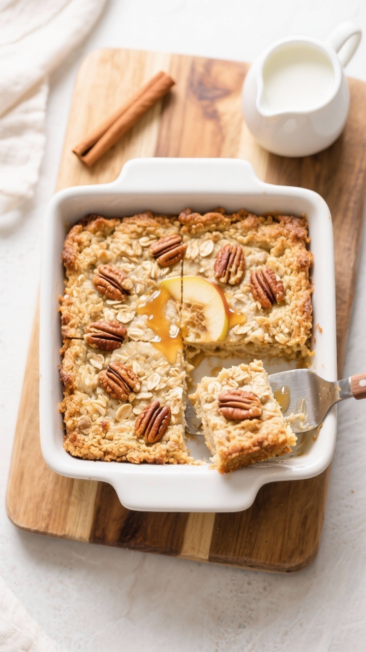 Overhead tasty top view: A 9x9 baking dish filled with the Oatmeal Apple Breakfast Bake right after 